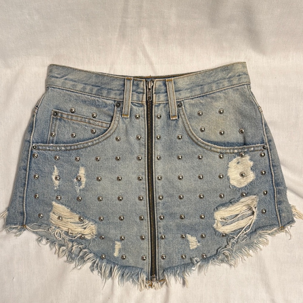 Carmar Studded Lt. Blue Distressed Zip Front Mini Skirt